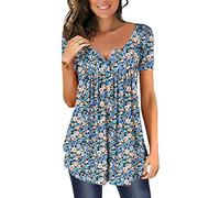 Magritta Womens Tunic Tops Ladies Summer Shirts Short Sleeve V Neck Floral Printed Blouses Lace Ruffle Swing Tops for Leggings Orange Blue Small