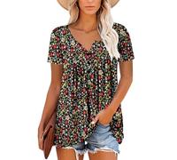 Magritta Womens Tunic Tops Short Sleeve Shirt Ladies Summer V Neck T Shirt Blouse Floral Printed Ruffle Swing Tops for Women BlackRW Medium