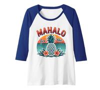 Mahalo for Memories Tropical Pineapple Sunset Hawaiian Raglan Baseball Tee, Women, Royal Blue/White, S