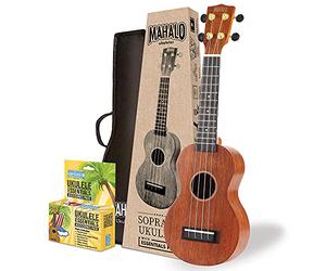 Mahalo Java Series Soprano Ukulele Beginners Kit - Ukulele for Kids & Adults with Guide, Carry Case, Clip-on Tuner, Spare String Set & Picks, 'Learn 2 Play' Instruments Bundle, Brown