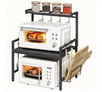 MAHANCRIS 2-Tier Microwave Shelf, Microwave Stand with 8 Hooks, Over Microwave Shelf Unit for Air Fryer, Ovens, Baker's Rack for Kitchen Counter, Kitchen Storage & Organisation, Black ABRBK5301