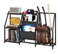MAHANCRIS Guitar Rack, Multiple Guitar Stand with Storage and Sling Fabric Pouches for 3 Acoustic Guitar, Bass, Vinyl Records and Amp, with Anti-Slip Sponge Covers, for Music Studio, Black AGSBK10301