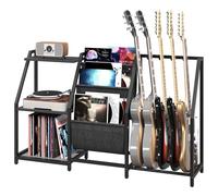 MAHANCRIS Guitar Rack, Multiple Guitar Stand with Storage and Sling Fabric Pouches for 5 Acoustic Guitar, Bass, Vinyl Records and Amp, with Anti-Slip Sponge Covers, for Music Studio, Black AGSBK10501