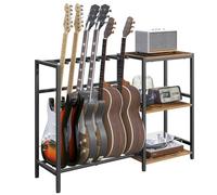MAHANCRIS Guitar Stand, Guitar Holder for 5-6 String Instruments, Suitable for Acoustic Guitar, Bass, Guitar Rack with Shelves for Record Player, with Non-Slip Rubber Pads, Rustic Brown AGSHR9701V1