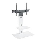 MAHARA Universal Column TV Stand - for 32 to 65 inch TVs-Freestanding white tall floor stand with white glass shelves and cable management-Height adjustable and suitable for corners-Max Weight 40kg