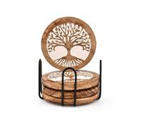 Mahasu Coaster Set Iron & Acacia Wood Set of 4 Handmade Round Wooden Tree of Life Coasters for Coffee Table, Hot Drinks (SET OF 4)
