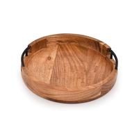 Mahasu Tray Acacia Wood Round Serving Tray with Iron Handles for Coffee Table Decor Centerpiece Kitchen Counter (12" X 12" X 1.6")