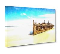 Maheno Shipwreck Australia Painting Modern Art Canvas Wall Art Print Ready to Hang, Framed Picture for Living Room Bedroom Home Office Décor, 20x14 Inch (50x35 cm)