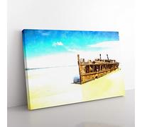 Maheno Shipwreck Australia Painting Modern Art Canvas Wall Art Print Ready to Hang, Framed Picture for Living Room Bedroom Home Office Décor, 50x35 cm (20x14 Inch)
