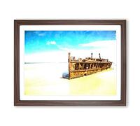 Maheno Shipwreck Australia Painting Modern Art Framed Wall Art Print, Ready to Hang Picture for Living Room Bedroom Home Office Décor, Walnut A2 (64 x 46 cm)