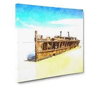 Maheno Shipwreck Australia Painting Modern Canvas Wall Art Print Ready to Hang, Framed Picture for Living Room Bedroom Home Office Décor, 14x14 Inch (35x35 cm)