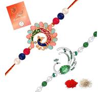 Mahi Combo of 2 Peacock-Shaped Rakhis with Multicolor Crystals for Brother, Bhai, Bro (RCO1105716M), Adjustable, Alloy, Crystals
