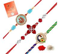 Mahi Combo of Meenakari Work Floral and Peacock-Shaped 3 Rakhi for Brother, Bhai, Bro (RCO1105710M)