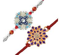 Mahi Combo of Two Floral Rakhis with Meenakari Work Crystals and Artificial Pearl for Bhai (RCO1105240M)