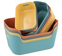 MAHIONG 12 Pack Plastic Storage Boxes, 3 Sizes Coloured Storage Baskets with Handles, Stackable Kitchen Cupboard Storage Organiser for Pantry, Bathroom, Bedroom, Office