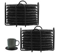 MAHIONG 16 PCS Slate Coasters, 4 Inch Slate Drink Coasters with Holder, Black Stone Drink Coasters for Office, Kitchen, Coffee Bar, Home, Round