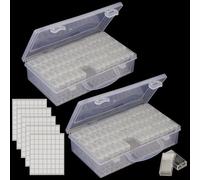 MAHIONG 2 Pack 64 Grids Diamond Art Storage Box, Clear Diamond Art Bead Storage Containers with 4 Diamond Trays and 6 Sheets Label Stickers for Jewellery Beads