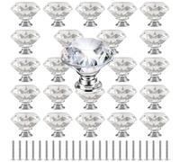 MAHIONG 24 Pcs Crystal Door Knobs, 40mm Decorative Glass Wardrobe Handles with Screws Diamond-Shaped Interior Knobs for Kitchen, Cabinet, Drawer, Bathroom, Home Décor