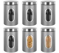 MAHIONG 6PCS Tea Coffee Sugar Canisters Set, 1500ml Stainless Steel Kitchen Canister with Secure Lids and Viewing Window for Sugar, Tea, Coffee, Nuts, Cereal, 11 x 17.5cm