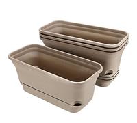 MAHIONG Set of 4 Flower Window Box Plastic Vegetable Planters with Drainage Hole Saucer, 15" Rectangle Self Watering Flowerpot, Garden Plant Decorative Pots for Windowsill, Indoor Succulents, Brown
