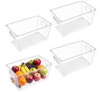 MAHIONG Set of 4 Fridge Storage Organisers, Clear Plastic Storage Bins with Handle Transparent Pantry Organizer Bins for Kitchen, Fridge, Cupboard, Snacks, Tins, 25.5 x 15 x 13 cm