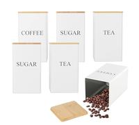 MAHIONG Set of 6 Tea Sugar Coffee Canister, 1000ml Tea Coffee Canisters Set with Airtight Bamboo Lids, Metal Storage Tin Jar for Kitchen 8.5 x 8.5 x 15cm, White