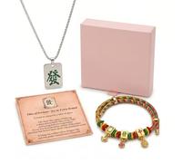 Mahjong Gift Set for Women, Lucky Red Bracelet & Tile Necklace with Box | Features classic "ZHONG, FA, BAI" tiles symbolizing great luck, prosperity, and peace. A meaningful charm for mahjong lovers