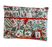 Mahjong Makeup Bag, Dual Layer Cosmetic Bag with Mahjong Ornaments, 8x6inch Zippered Cotton Cloth Coin Purse, Lucky Cosmetic Bag for Women, Green