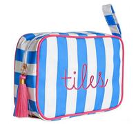 Mahjong Tile Bag with Handle - Stylish Blue & White Striped Case for 166 American Tiles (1.2"), Embroidered Design with Plush Interior & Tassel Zipper, Travel Organizer (Bag Only, Tiles Not Included)