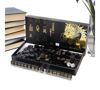 Mahjong Tile Set - 144 Pieces Black Golden, Complete Dark Gilded Block, Traditional Chinese Tableware Collection | Classic Board Game With 2 Dices 4 Racks For Beginner Player Home Travel Party