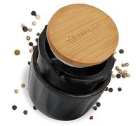 Mahlzeit Cast Iron Pepper Mill Diameter 7.5 x Height 8 cm Black Bamboo Lid with Silicone Ring Spice Mill Pepper Mortar Herb Mill Spice Grater Cast Iron Mortar