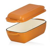 Mahlzeit Cast Iron Roasting Dish with Lid Enamelled 4.8 Litres Sunny Orange Roasting Dish 2-in-1 with Frying Pan Oven Suitable for Induction Cookers Double Roasting Dish Large Enamel Roasting Dish