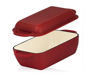 Mahlzeit Cast Iron Roasting Pan with Lid, 4.8L, Dark Cherry, Rectangular, Suitable for Induction Cookers