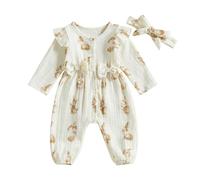 MAHUAOYIXI 2Pcs Infant Baby Girls Easter Romper Dress Newborn Baby Girls' Bodysuits Long Sleeve Carrot/Bunny Print Ruffled Full Length Jumpsuit with Bow Headband for Baby Girl (White, 0-3 Months)
