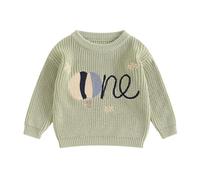 MAHUAOYIXI Baby Autumn Pullover Birthday Pullover One Embroidery Pullover First Birthday Rib Knit Jumper Baby 1st Birthday Knitted Jumper Long Sleeve Flowers Letter Pullover, Green, 12-18 Months