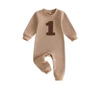 MAHUAOYIXI Baby Boy 1st Birthday Romper Waffel Number Embroidery Crew Neck Long Sleeve Jumpsuit Infant Bodysuits Birthday Gift for Infant Boys Clothes (Coffee, 12-18 Months)