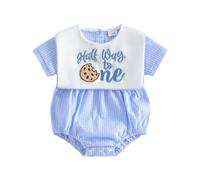 MAHUAOYIXI Baby Boy Half Birthday Romper ''Half Way to One'' Letter Cookie Embroidery Short Sleeve Bodysuit Playsuit Infant Boys 1/2 Birthday Outfit Cake Smash Clothes Daywear (Blue, 3-6 Months)