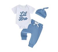 MAHUAOYIXI Baby Boy Matching Brother Outfit Short Sleeve Lil Bro Letter Embroidered Romper Bodysuit Jumpsuit and Elastic Waist Solid Pants and Knotted Hat 3Pcs for Boys Brother (White, 12-18 Months)