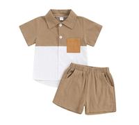 MAHUAOYIXI Baby Boy Outfits Contrast Color Button Turn Down Collar Short Sleeve T Shirt Top + Elastic Waist Shorts Infant Baby Boys 2Pcs Toddler Set Summer Clothes (Coffee, 3-4 Years)