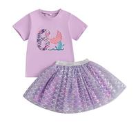 MAHUAOYIXI Baby Girl 2Pcs Birthday Outfits Letter Print Short Sleeve Tops Tshirts + Fish Scale Tulle Tutu Skirt Set Toddler Girls Clothes Girls Birthday Clothing Set (Purple SIX, 6-7 Years)