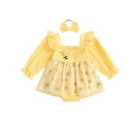 MAHUAOYIXI Baby Girl First Birthday Outfits Long Sleeve Bee Letter Embrpidery Romper Bodysuit with Tulle Tutu Skirt A-Line Princess Dress and Headband 2Pcs 1st Birthday Clothes (Yellow, 12-18 Months)