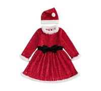 MAHUAOYIXI Christmas Baby Girls Outfits Glitter Fur Round Neck Long Sleeves Dress with Bow Belt Party A Line Dress with Santa Hat Toddler Girls Christmas Clothes (Red, 2-3 Years)