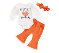 MAHUAOYIXI Halloween Outfit Sets 3PC Newborn Baby Girl Pumpkin Costume for Halloween Pumpkin Outfits for Infant Girls Romper Bodysuit Flare Pants Halloween Costumes Clothes (White, 3-6 Months)