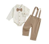 MAHUAOYIXI Infant Baby Boy Gentleman Suit 0-18M Long Sleeve Lapel Neck Button Up Rompers Shirts With Bow Tie and Solid Color Suspender Pants 2Pcs Set Clothes for Todder Boys (Khaki, 12-18 Months)