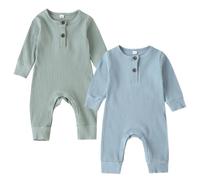 MAHUAOYIXI Infant Baby Boy Girl Solid Color Romper 2 Piece Set Knit Ribbed Full Length Jumpsuit Long Sleeve Bodysuits Button-up Long Pants Fall Winter Newborn One-Piece Outfits