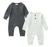 MAHUAOYIXI Infant Baby Boy Girl Solid Color Romper 2 Piece Set Knit Ribbed Full Length Jumpsuit Long Sleeve Bodysuits Button-up Long Pants Fall Winter Newborn One-Piece Outfits