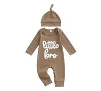 MAHUAOYIXI Infant Baby Boy Matching Brother Bodysuits Newborn Boys' Full Length Jumpsuit Long Sleeve Crewneck Lil Bro Embroidery Romper Button Up Waffled Playsuit with Hat (Brown, Newborn)