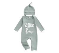 MAHUAOYIXI Infant Baby Boy Matching Brother Bodysuits Newborn Boys' Full Length Jumpsuit Long Sleeve Crewneck Lil Bro Embroidery Romper Button Up Waffled Playsuit with Hat (Slateblue, Newborn)