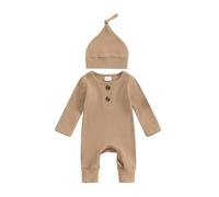 MAHUAOYIXI Infant Baby Boy Solid Colour Romper Full Length Jumpsuit Newborn Baby Boys' Long Sleeve Bodysuits Button Up Footies with Hat 2Pcs Set Fall Winter One-Piece Outfits (Khaki, 3-6 Months)