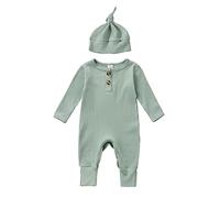 MAHUAOYIXI Infant Baby Boy Solid Colour Romper Full Length Jumpsuit Newborn Baby Boys' Long Sleeve Bodysuits Button Up Footies with Hat 2Pcs Set Fall Winter One-Piece Outfits (Ink Green, Newborn)